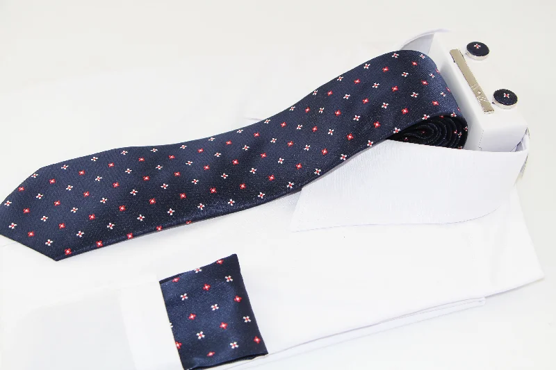 Men's tie for a formal brunch-Mens Navy With Red & White Floral Matching Neck Tie, Pocket Square, Cuff Links And Tie Clip Set