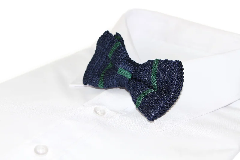 Trendy tie for young professionals-Mens Navy With Thin Bottle Green Stripe Knitted Bow Tie