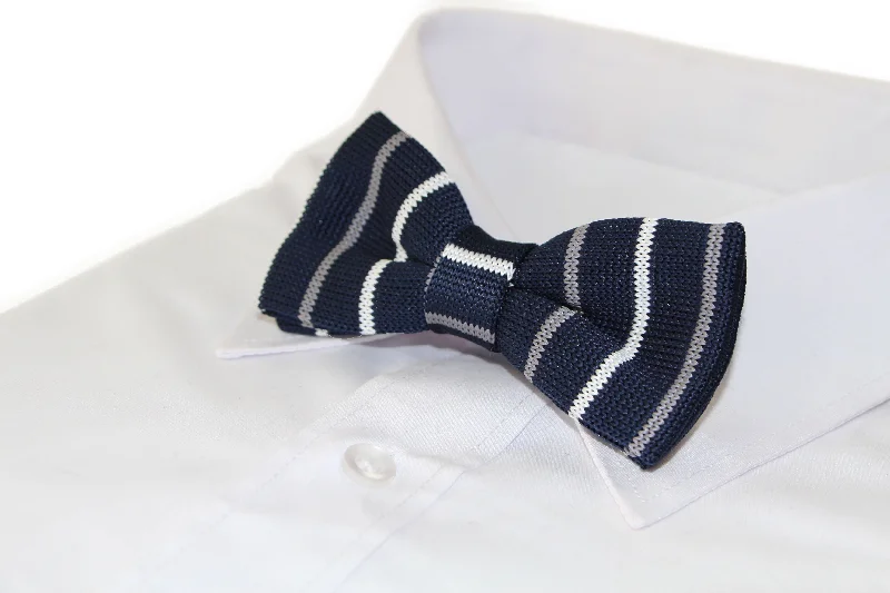 Elegant men's tie with polka dot design-Mens Navy With White & Grey Thin Stripes Knitted Bow Tie