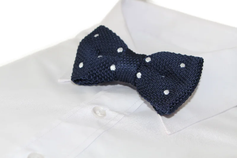 Classic men's tie with solid color block-Mens Navy With White Polka Dots Knitted Bow Tie