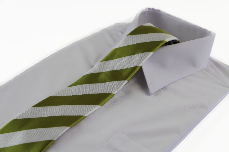 Men's tie with thin stripes for office wear-Mens Olive Green & White Thick Striped Patterned 8cm Neck Tie