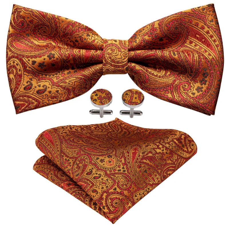 Men's tie with artistic geometric design-Men's Orange Paisley 100% Silk Pre-Tied adjustable Bow Tie Pocket Square Cufflinks Set