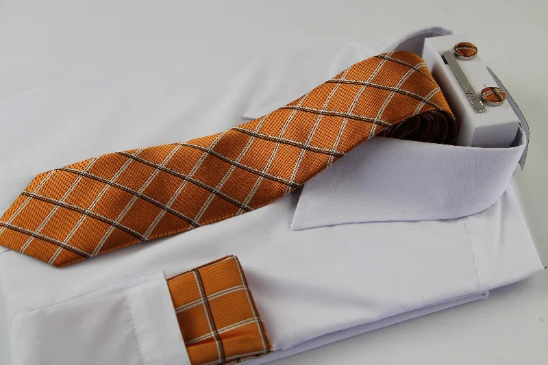 Men's slim fit tie for office wear-Mens Orange & White Checkered Matching Neck Tie, Pocket Square, Cuff Links And Tie Clip Set