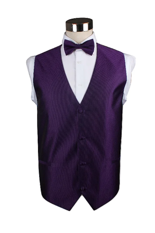 Men's striped silk tie-Mens Purple Checkered Patterned Vest Waistcoat & Matching Bow Tie