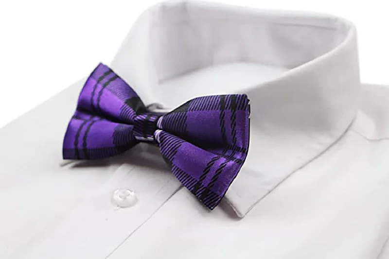 Men's tie for upscale parties-Mens Purple & Black Plaid Patterned Bow Tie