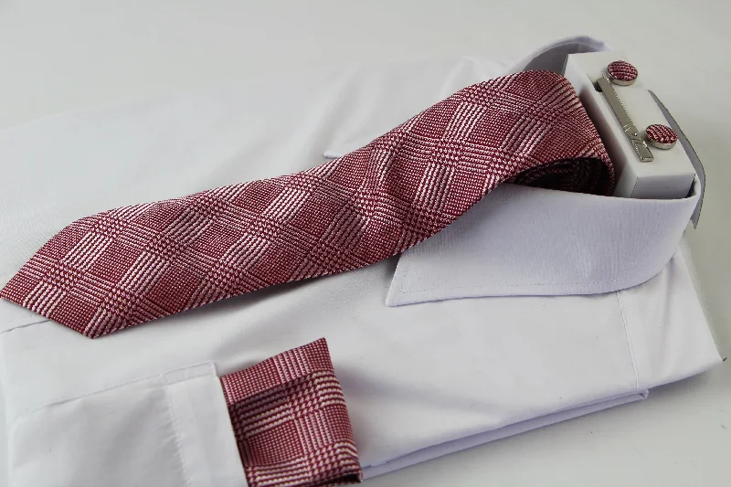 Men's tie with a subtle floral print-Mens Red And White Houndstooth Checkered Matching Neck Tie, Pocket Square, Cuff Links And Tie Clip Set