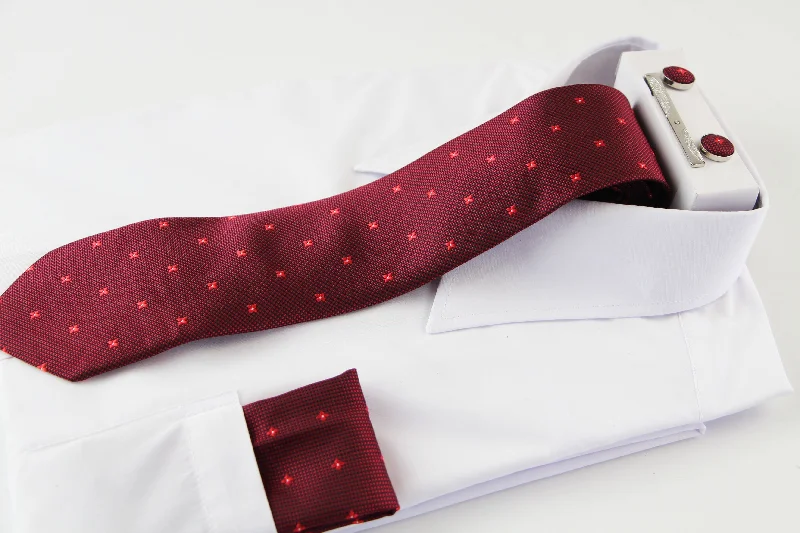 Trendy men's tie for weddings-Mens Red Dotted And Floral Matching Neck Tie, Pocket Square, Cuff Links And Tie Clip Set