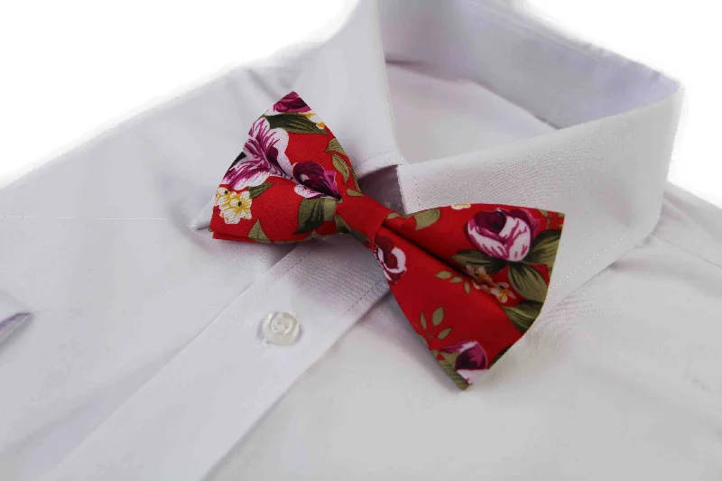 Men's slim tie for wedding attire-Mens Red Floral Patterned Bow Tie