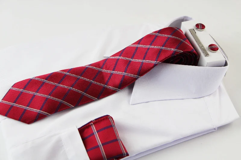 Stylish men's tie with modern touch-Mens Red & Navy Checkered Matching Neck Tie, Pocket Square, Cuff Links And Tie Clip Set