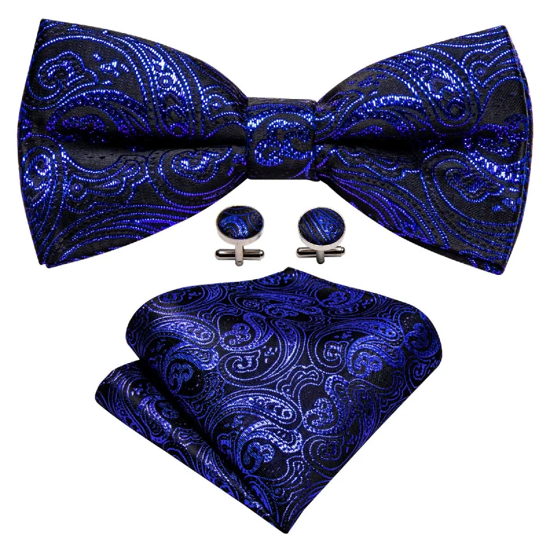 Men's tie for formal office wear-Men's Royal Blue Paisley 100% Silk Pre-Tied adjustable Bow Tie Pocket Square Cufflinks Set