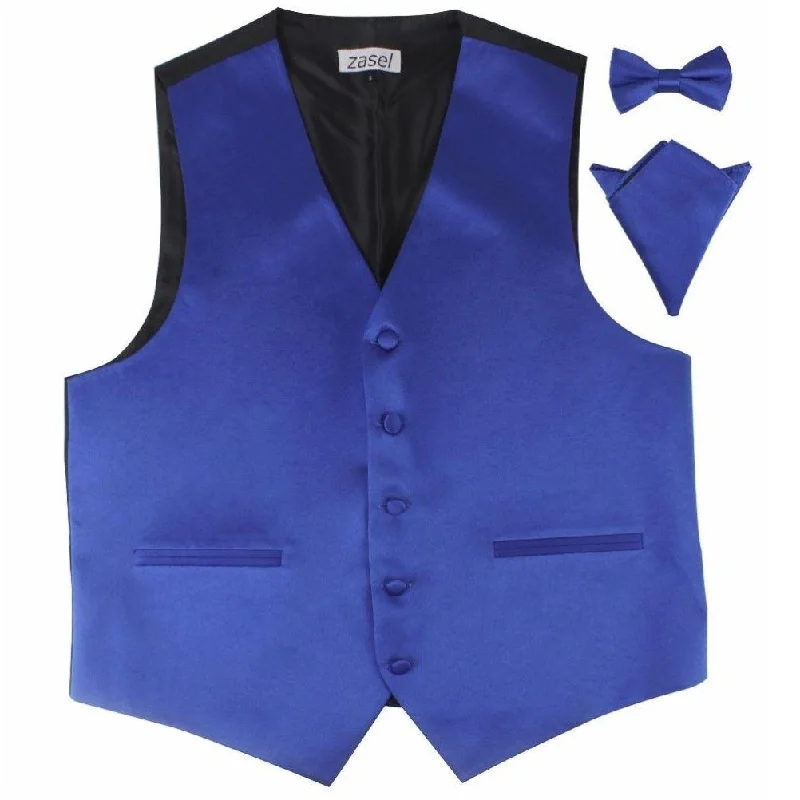 Men's tie for outdoor weddings-Mens Royal Blue Plain Vest Waistcoat & Matching Bow Tie & Pocket Square