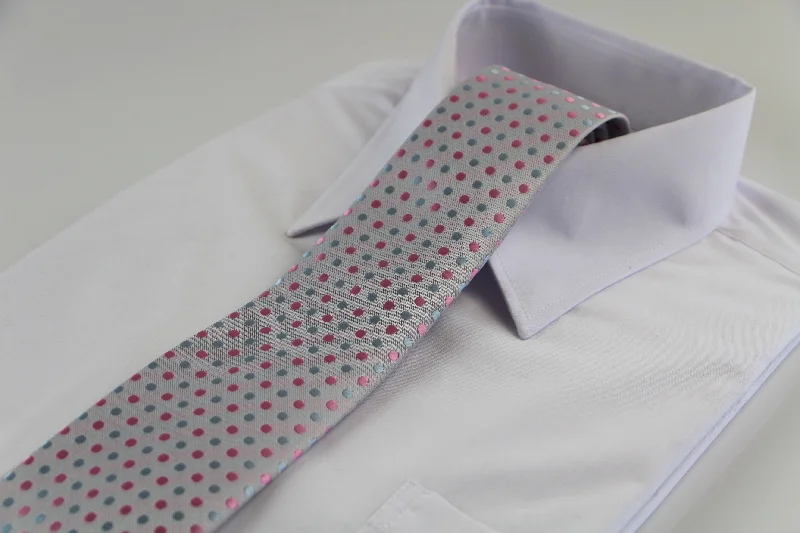 Elegant men's tie with subtle plaid-Mens Silver & Baby Pink Mini Polka Dot Patterned 8cm Neck Tie