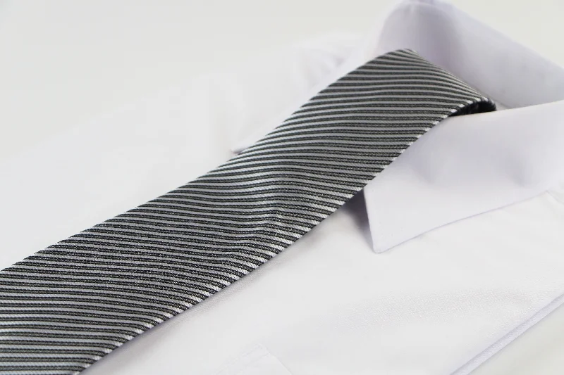 Professional men's tie for presentations-Mens Silver & Black Thin Diagonal Striped Patterned 8cm Neck Tie