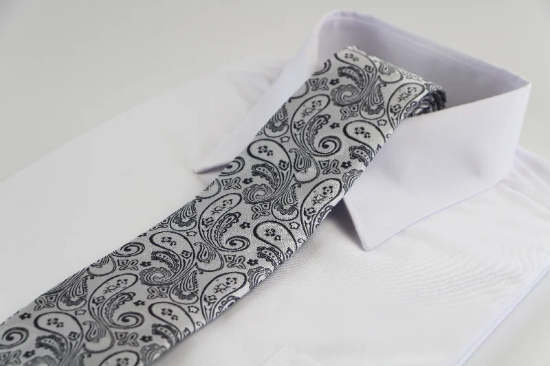 Men's tie for high-end business events-Mens Silver & Dark Grey Paisley Patterned 8cm Neck Tie