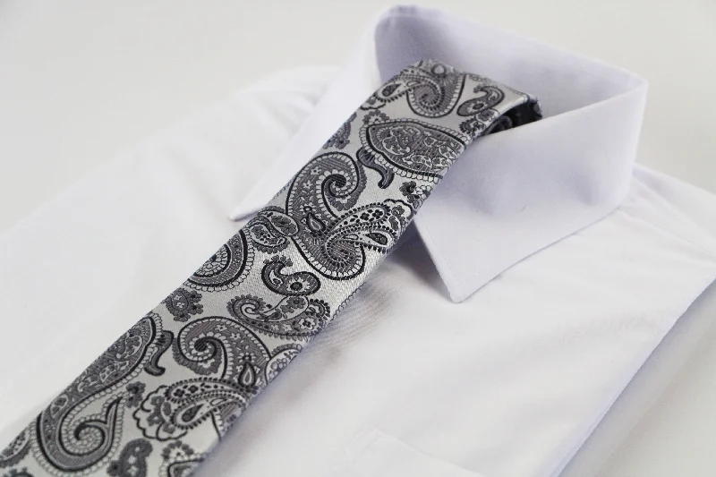 Stylish men's tie for date night-Mens Silver & Grey Paisley Patterned 8cm Neck Tie