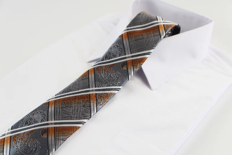 Men's tie with modern color schemes-Mens Silver, Black & Orange Patterned 8cm Neck Tie