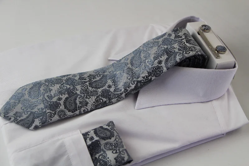 Men's tie for a cocktail party-Mens Silver Boho Paisley Matching Neck Tie, Pocket Square, Cuff Links And Tie Clip Set