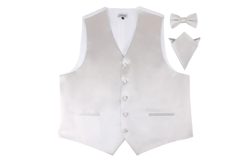 Men's tie with abstract color blocks-Mens Silver Plain Vest Waistcoat & Matching Bow Tie & Pocket Square