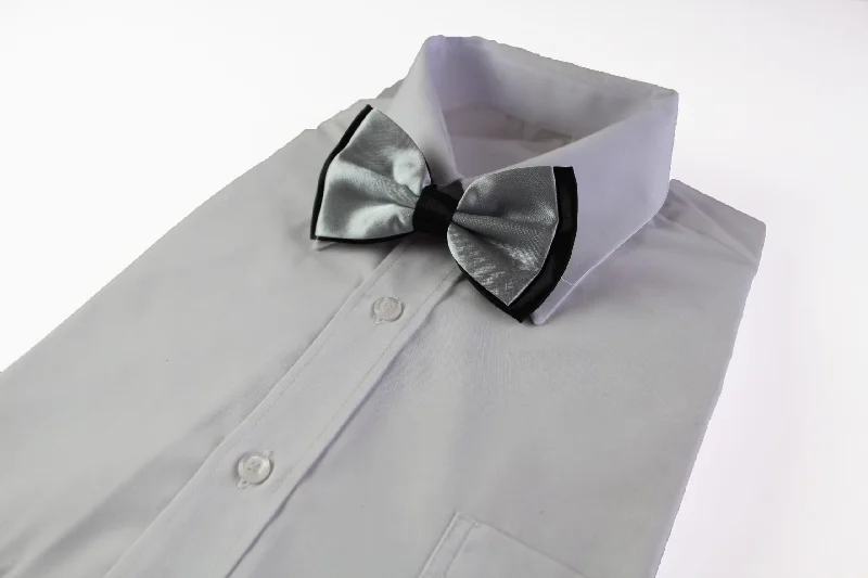 Men's tie with floral embroidery for weddings-Mens Silver Two Tone Layered Bow Tie