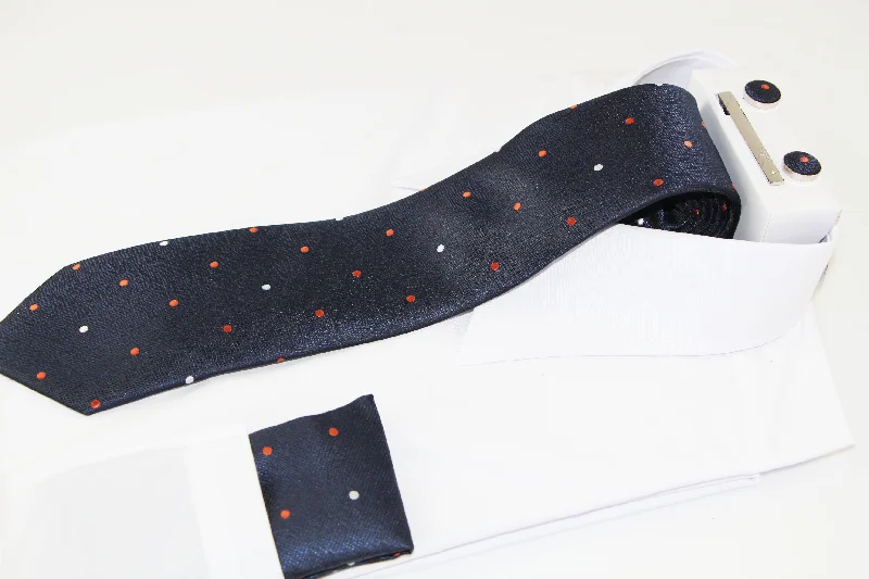 High-quality silk necktie for men-Mens Textured Navy Orange And White Polka Dot Matching Neck Tie, Pocket Square, Cuff Links And Tie Clip Set