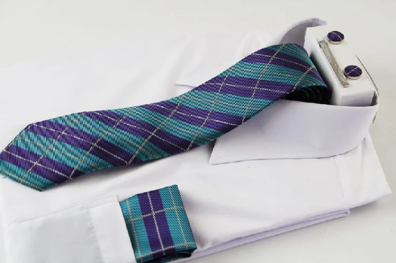 Men's tie with polka dots for formal wear-Mens Turquoise & Purple Checkered Matching Neck Tie, Pocket Square, Cuff Links And Tie Clip Set