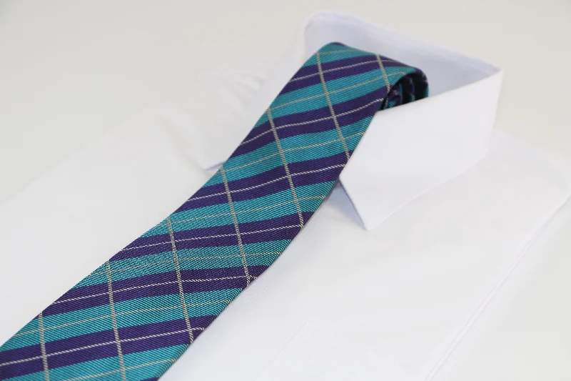 Luxury men's necktie for weddings-Mens Turquoise & Purple Rectangular Striped Patterned 8cm Neck Tie