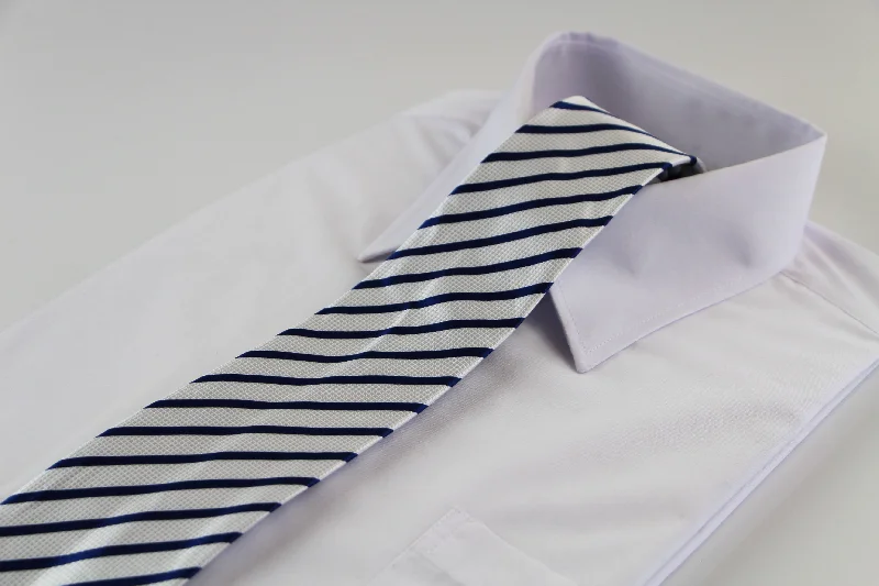 Unique tie for business casual outfits-Mens White & Navy Thin Striped Patterned 8cm Neck Tie