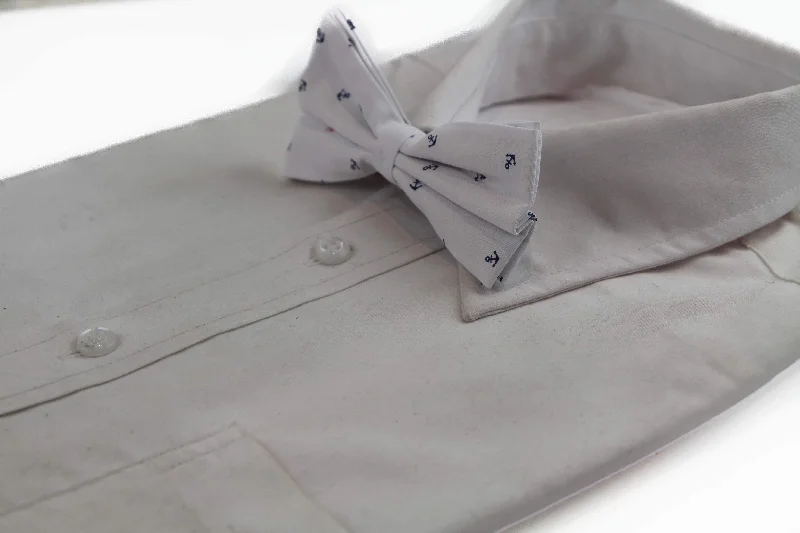 Men's tie with checkered pattern for formal wear-Mens White Preppy Anchor Patterned Cotton Bow Tie