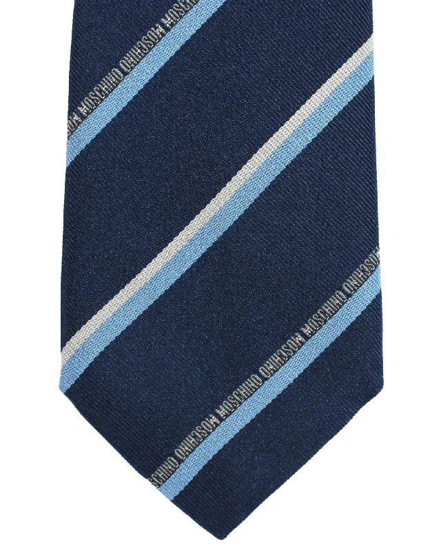 Best men's tie for a black tie dinner-Moschino Tie Navy Blue Logo Stripes - Designer Necktie FINAL SALE