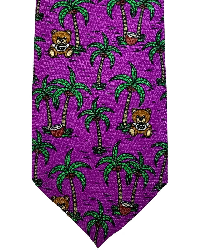 Men's tie with contrasting diagonal stripes-Moschino Tie Purple Green Toy Bear Design FINAL SALE