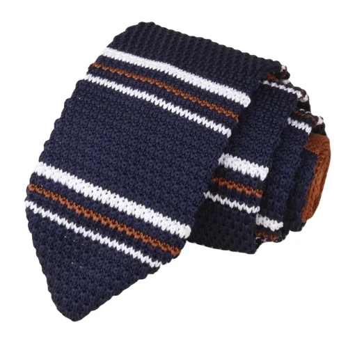 Men's tie with bold geometric print-Classy Men Navy Blue Brown Striped Knitted Tie