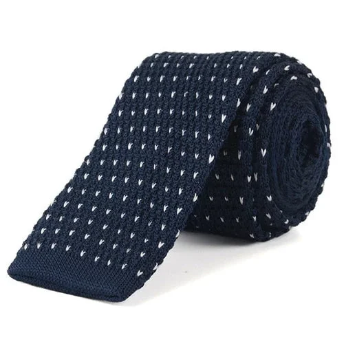 Classic men's tie with solid color block-Classy Men Navy Blue Dotted Square Knit Tie