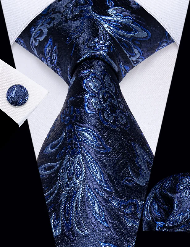 Best men's tie for formal business meetings-YourTies Navy Blue Floral Men's Necktie Pocket Square Cufflinks Set