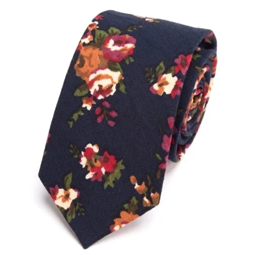 Custom silk tie for men-Classy Men Navy Blue Floral Skinny Cotton Tie