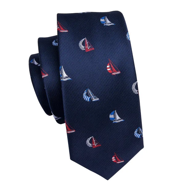 Classic men's tie for weddings-Classy Men Navy Blue Sailboat Silk Tie