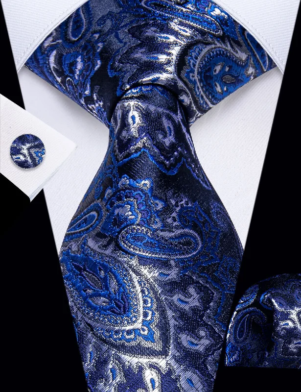 Trendy men's tie for weddings-YourTies Navy Blue White Paisley Men's Tie Pocket Square Cufflinks Set