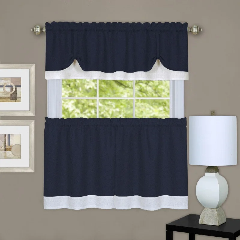 Unique men's tie with minimalistic style-Navy/White Three-piece Double-layer Tie-up Tier and Valance Window Curtain Set (24 or 36 i