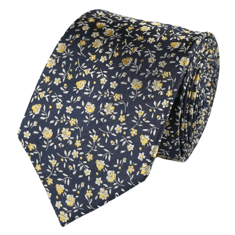 Luxury men's tie with fine fabric-Navy Yellow Mini Floral Tie