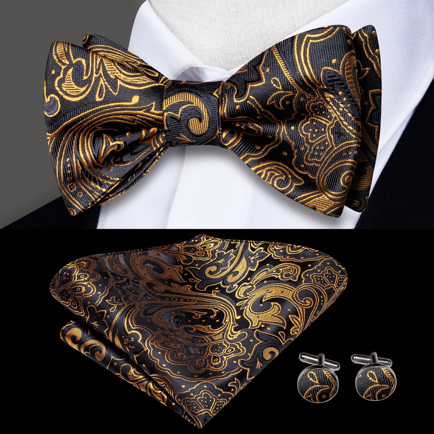 Men's tie with modern abstract texture-New Golden Black Paisley Pre-tied Bow Tie Pocket Square Cufflinks Set