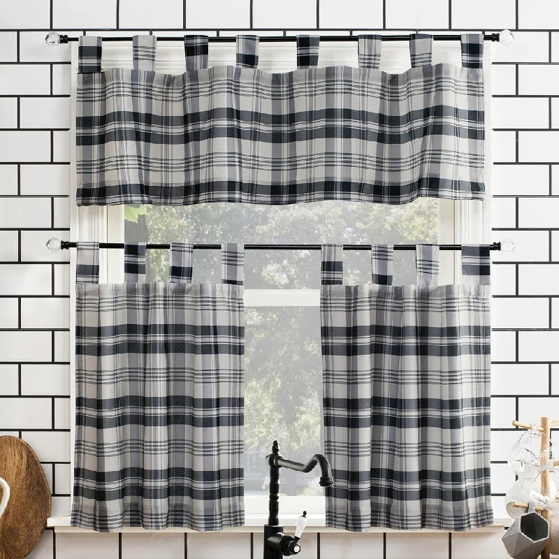 Designer men's tie with stripes-No. 918 Blair Farmhouse Plaid Semi-Sheer Tab Top Kitchen Curtain Valance and Tiers Set