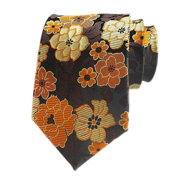 Best tie for men's corporate events-Classy Men Orange Brown Floral Silk Tie