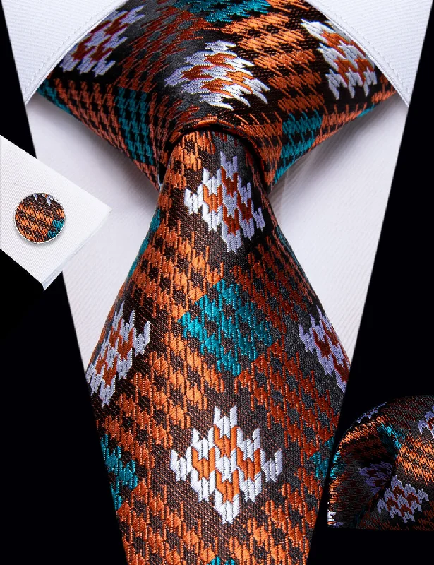 Men's silk tie for holiday gatherings-YourTies Brown Orange Plaid Men's Necktie Pocket Square Cufflinks Set