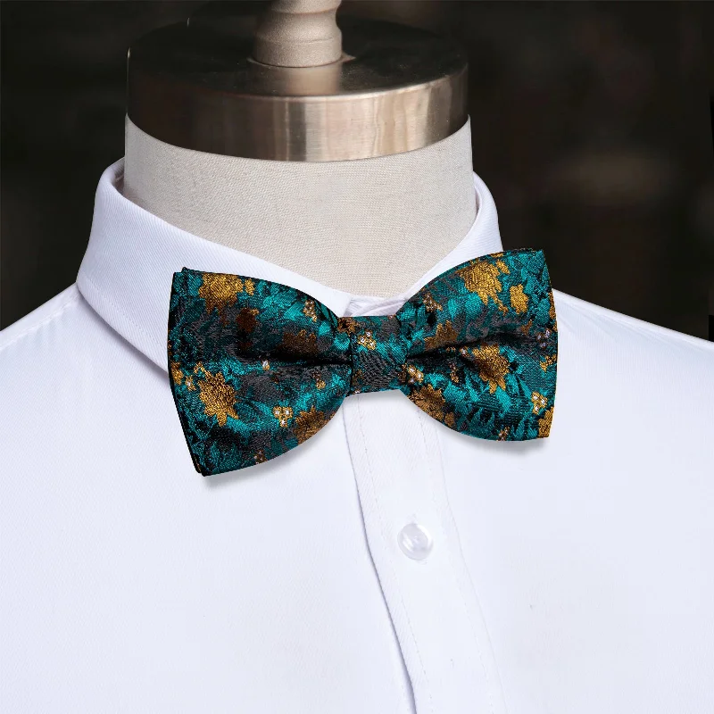 Best silk tie for job interviews-YourTies Peacock Blue Bow Tie Golden Floral Mens Silk Pre-tied Bowtie