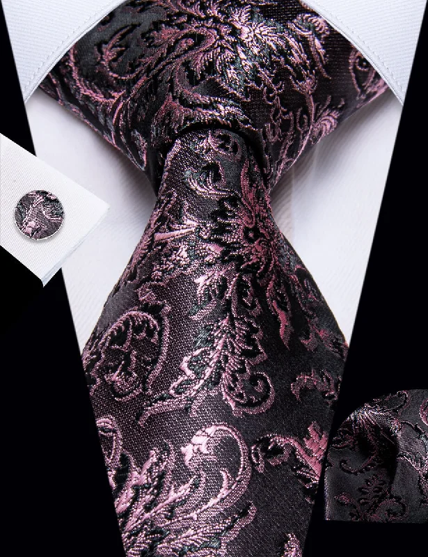 Trendy men's tie with plaid print-YourTies Pink Black Floral Men's Necktie Pocket Square Cufflinks Set