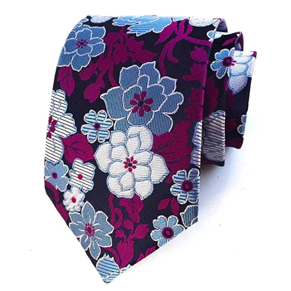 Men's tie with bold geometric print-Classy Men Purple Blue Floral Silk Tie