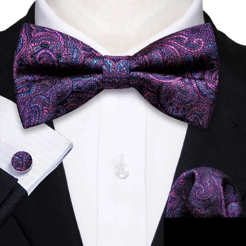 Men's tie with soft wool fabric-Purple RoyalBlue Paisley Pre-tied Bow Tie Hanky Cufflinks Set