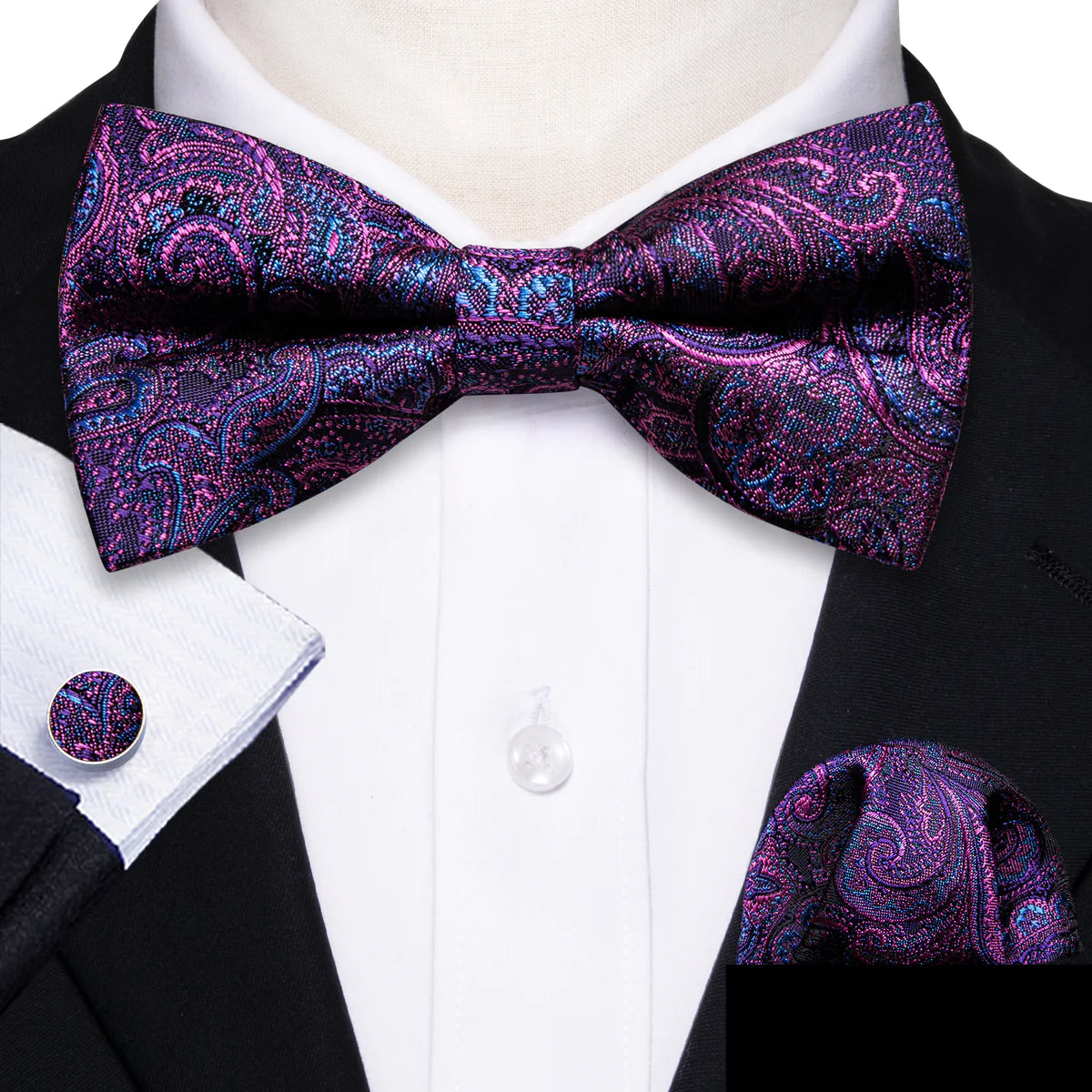 Men's tie with modern square design-Purple Blue Paisley Pre-tied Bow Tie Pocket Square Cufflinks Set