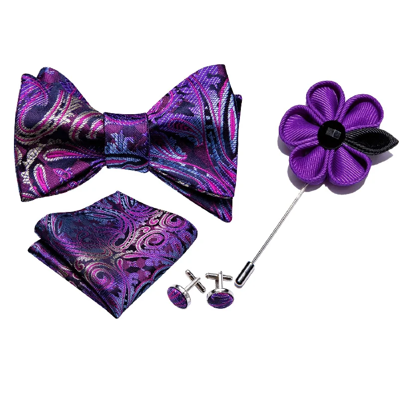 Best men's tie for family celebrations-Purple Floral Self Tie Bow Tie Hanky Cufflinks Set