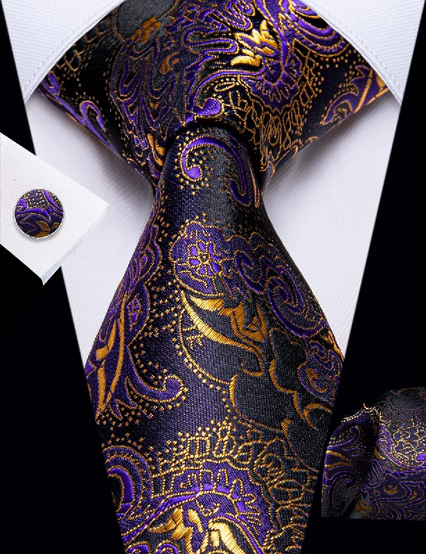 Unique men's tie for luxury events-YourTies Purple Gold Black Novelty Men's Necktie Hanky Cufflinks Set