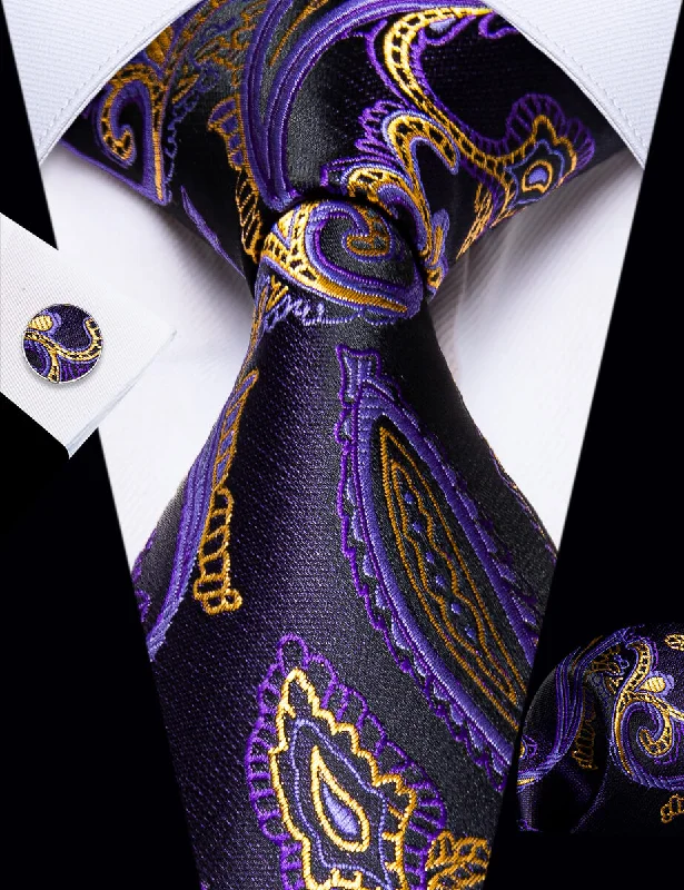 Classic black silk tie for formal events-YourTies Purple Gold Paisley Men's Wedding Necktie Pocket Square Cufflinks Set